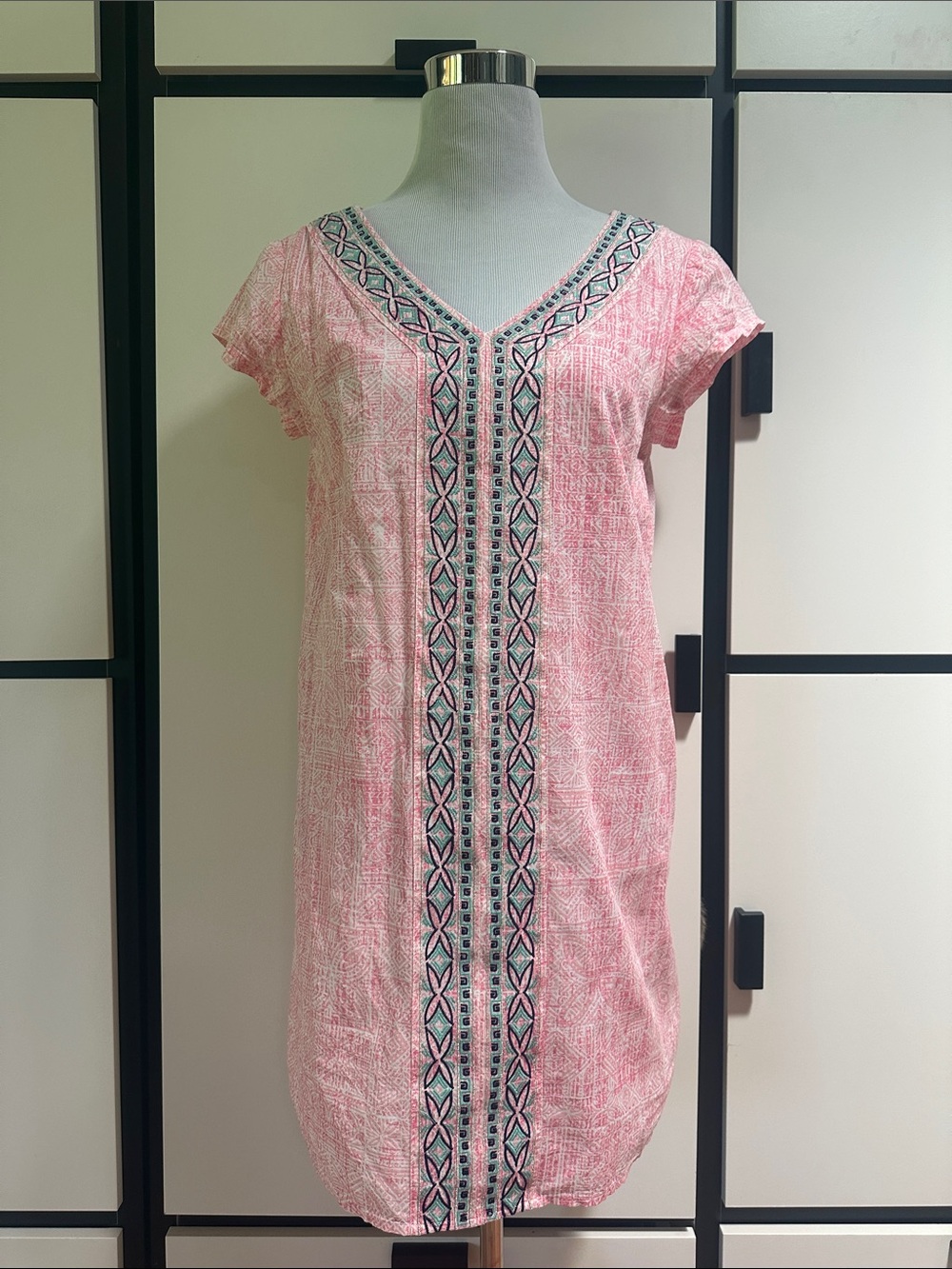 Tori Richard Pink Coral Short-Sleeve Embroidered V-Neck cotton dress